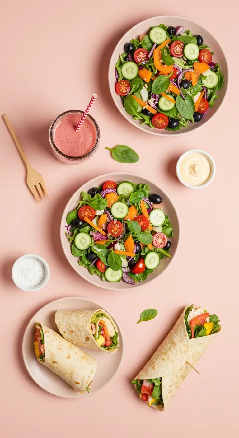 Wrap express, salade fraîche et smoothie sur fond rose clair