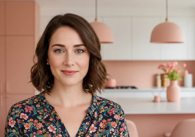 Portrait rapproché de Nathalie, confiante et souriante, debout dans sa cuisine moderne et minimaliste avec une touche de saumon rose dans la décoration, portant des vêtements décontractés et une posture détendue.